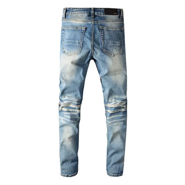 Blue Black Distressed Light-Wash Denim Knee Panel Construction Jeans 16