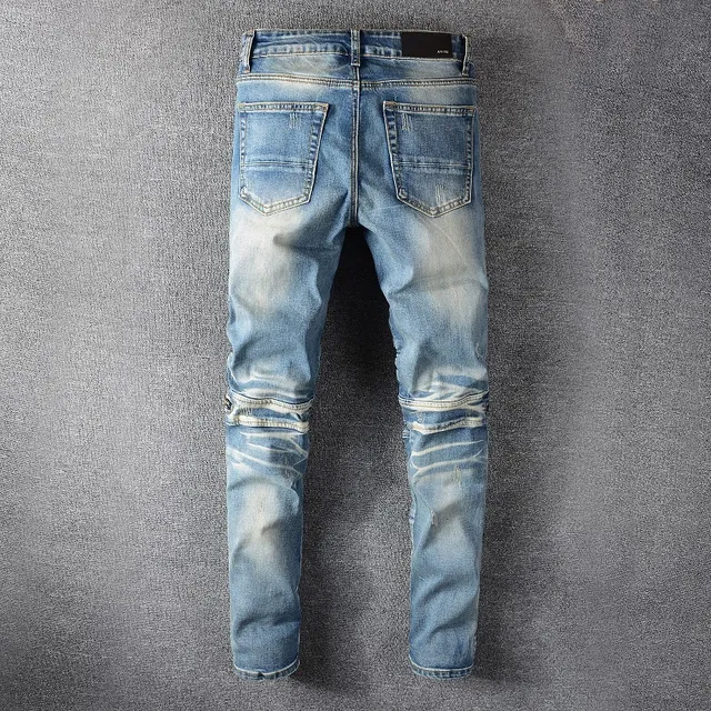 Blue Black Distressed Light-Wash Denim Knee Panel Construction Jeans 17