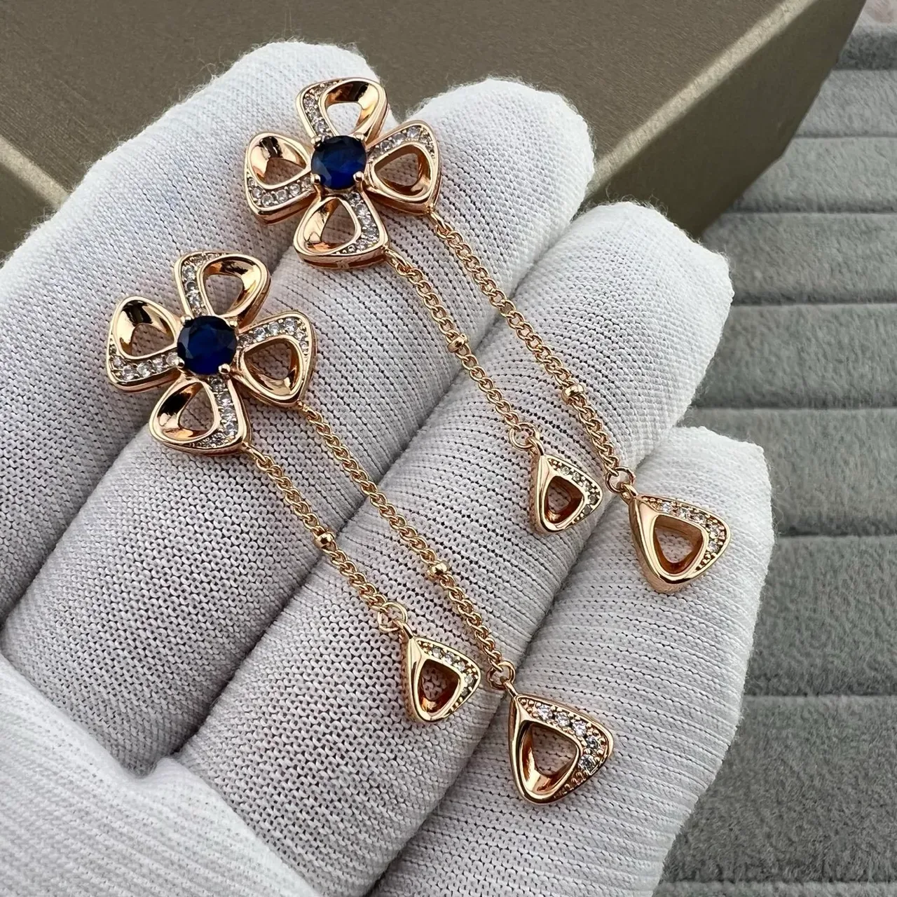 Blue Silver Floral Motif Pavé-Set Earrings 3