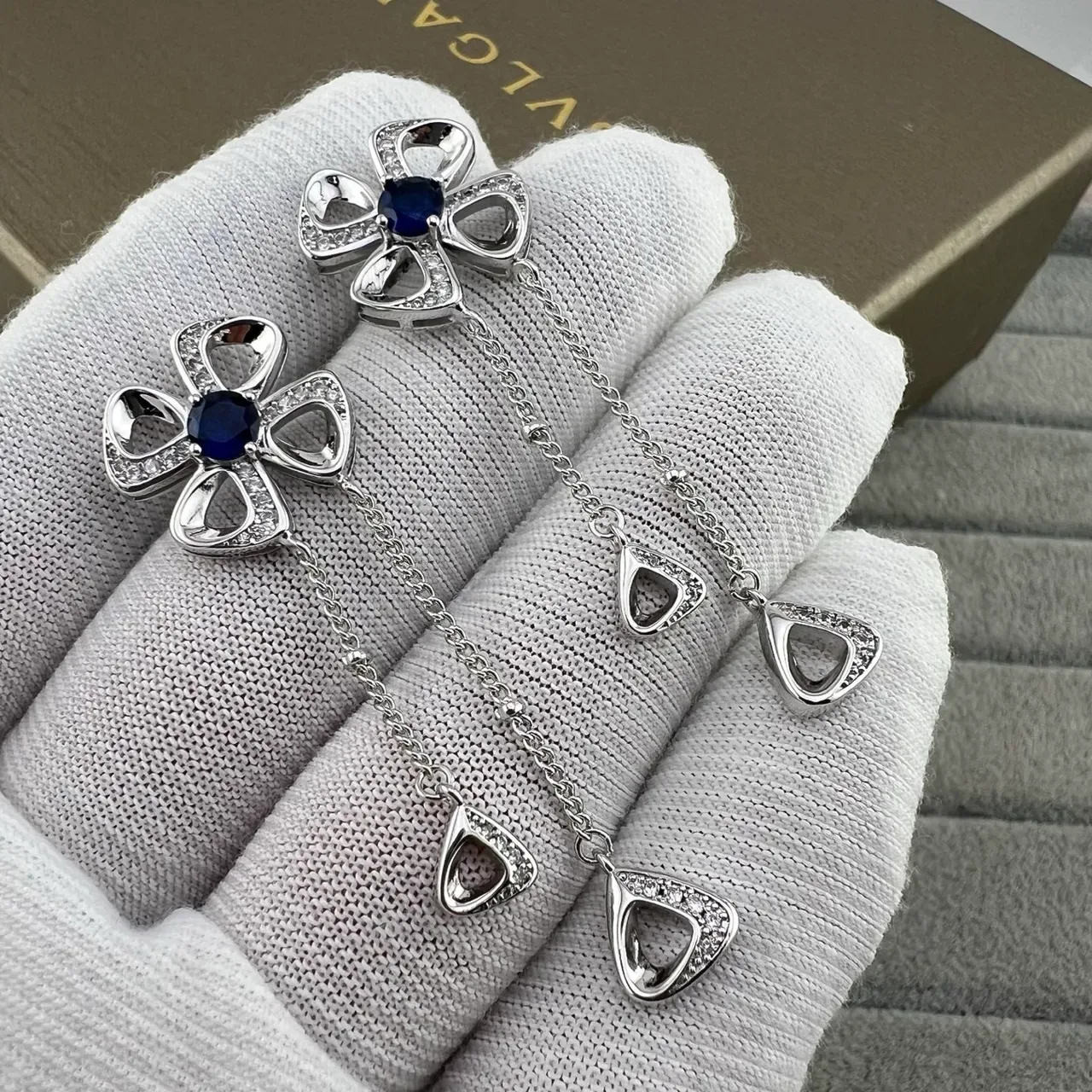 Blue Silver Floral Motif Pavé-Set Earrings 4
