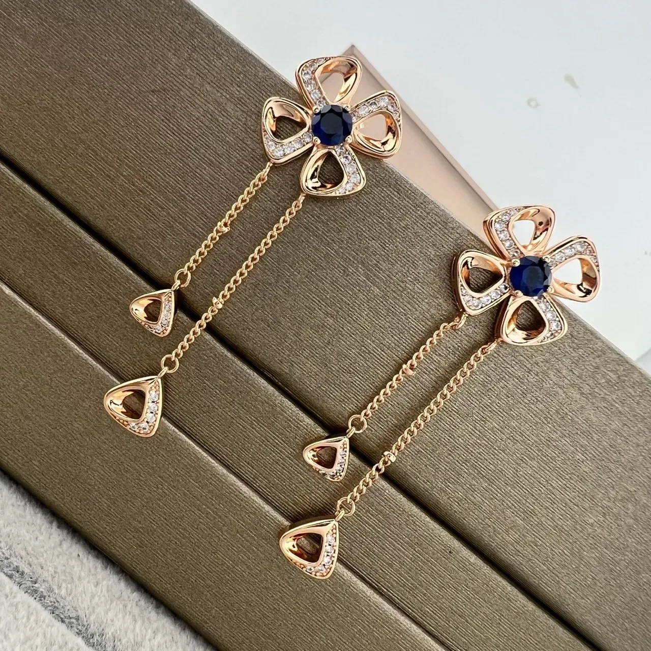 Blue Silver Floral Motif Pavé-Set Earrings 5