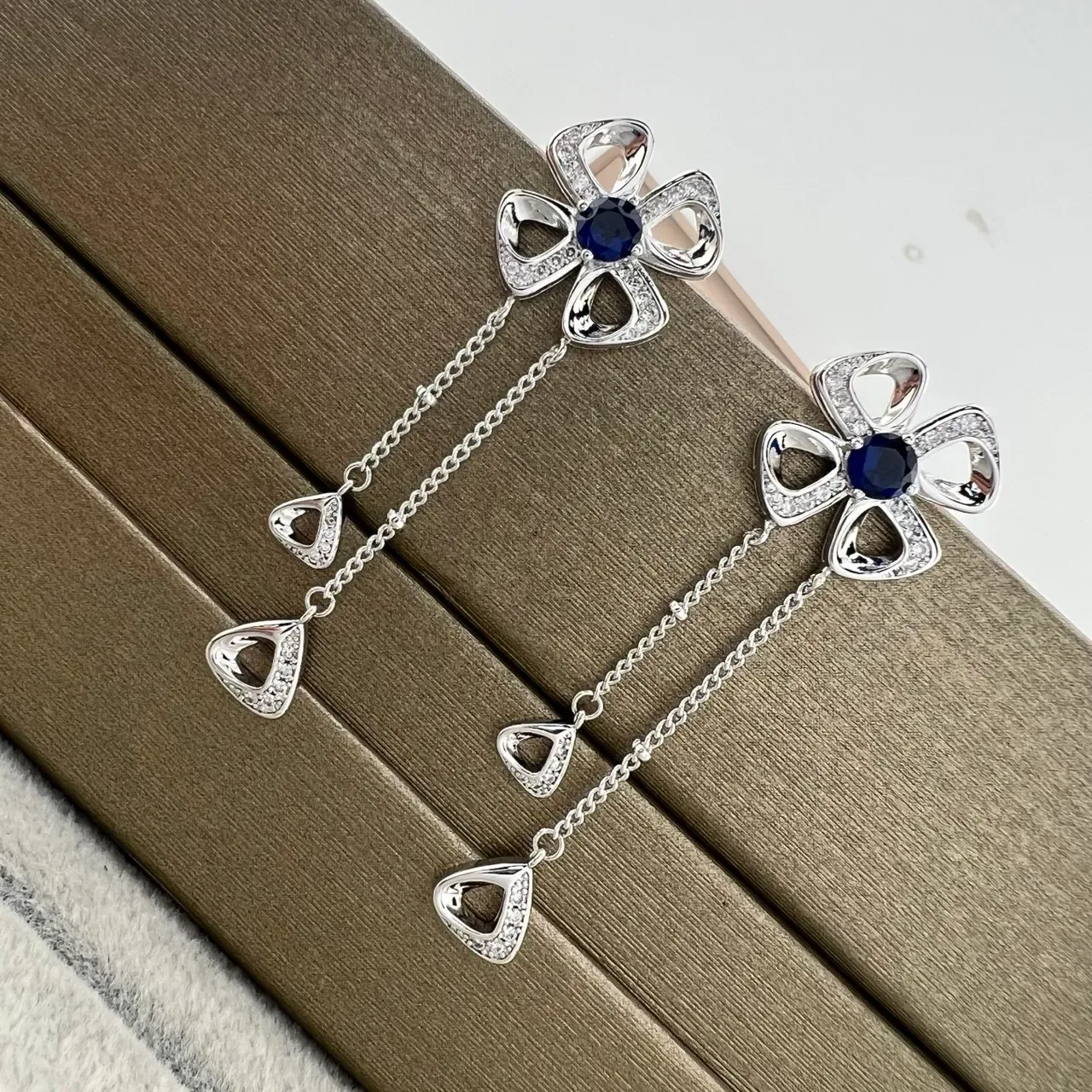 Blue Silver Floral Motif Pavé-Set Earrings 6