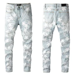 Blue White Light-Wash Denim 3D Star Appliqués Jeans