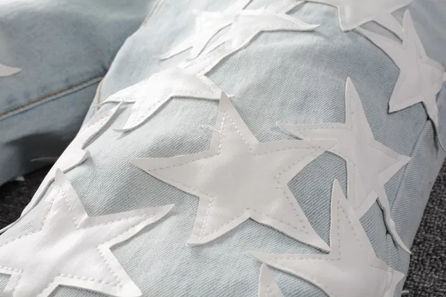 Blue White Light-Wash Denim 3D Star Appliqués Jeans 2