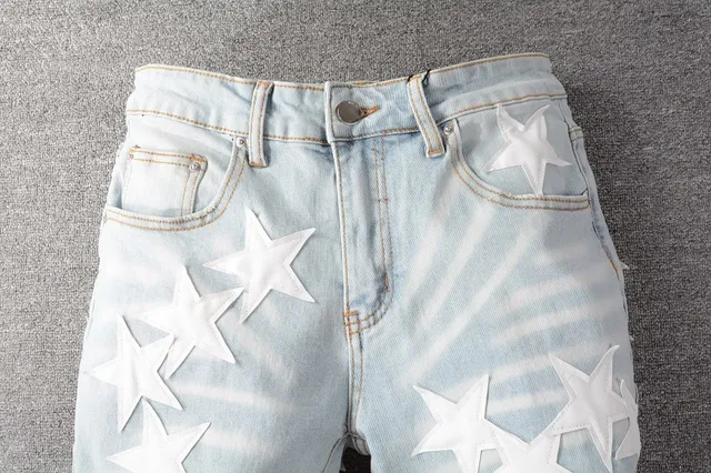 Blue White Light-Wash Denim 3D Star Appliqués Jeans 4