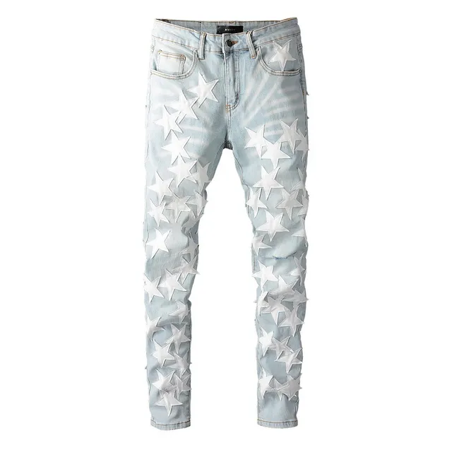 Blue White Light-Wash Denim 3D Star Appliqués Jeans 5