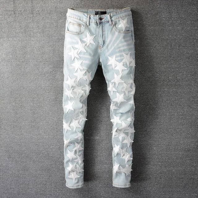 Blue White Light-Wash Denim 3D Star Appliqués Jeans 6