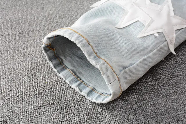 Blue White Light-Wash Denim 3D Star Appliqués Jeans 8