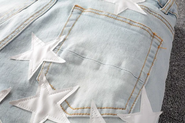 Blue White Light-Wash Denim 3D Star Appliqués Jeans 10