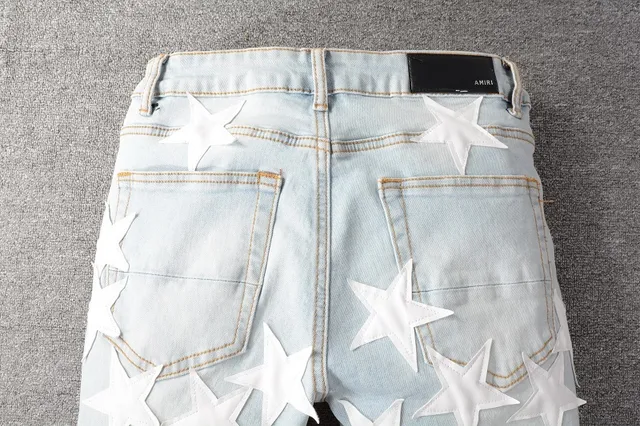 Blue White Light-Wash Denim 3D Star Appliqués Jeans 11
