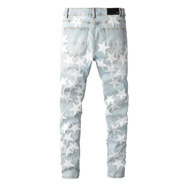 Blue White Light-Wash Denim 3D Star Appliqués Jeans 12