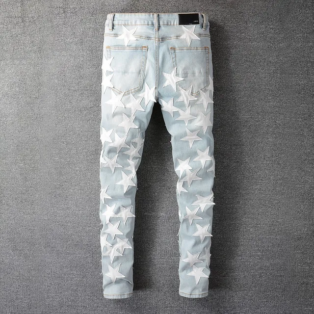 Blue White Light-Wash Denim 3D Star Appliqués Jeans 13