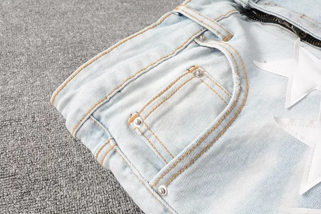 Blue White Light-Wash Denim 3D Star Appliqués Jeans 14