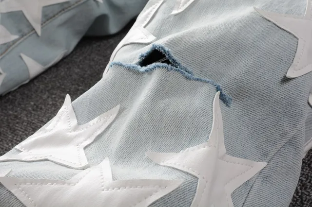 Blue White Light-Wash Denim 3D Star Appliqués Jeans 16