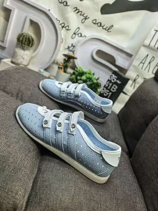 Blue White Perforated Light Upper Polka Dot Pattern Mary Jane Shoes 7