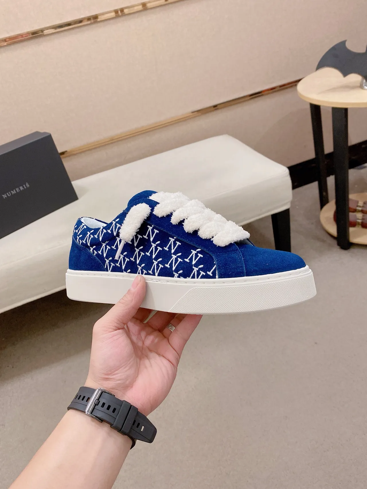 Blue White Suede Upper Fluffy Strap Sneakers 5