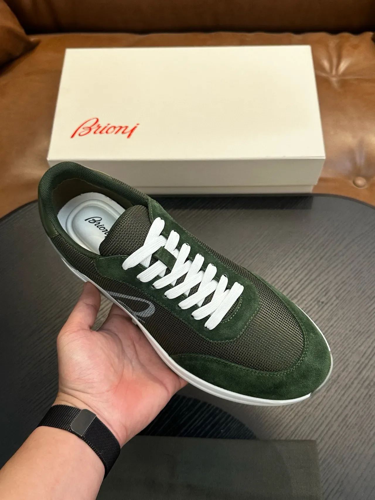 Bluony Olive Green Suede and Mesh Lifestyle Sneakers 3