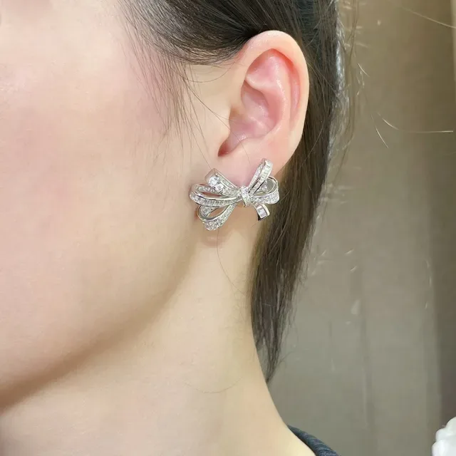 Bow-Shaped Pavé and Baguette-Cut Stone Earrings 8