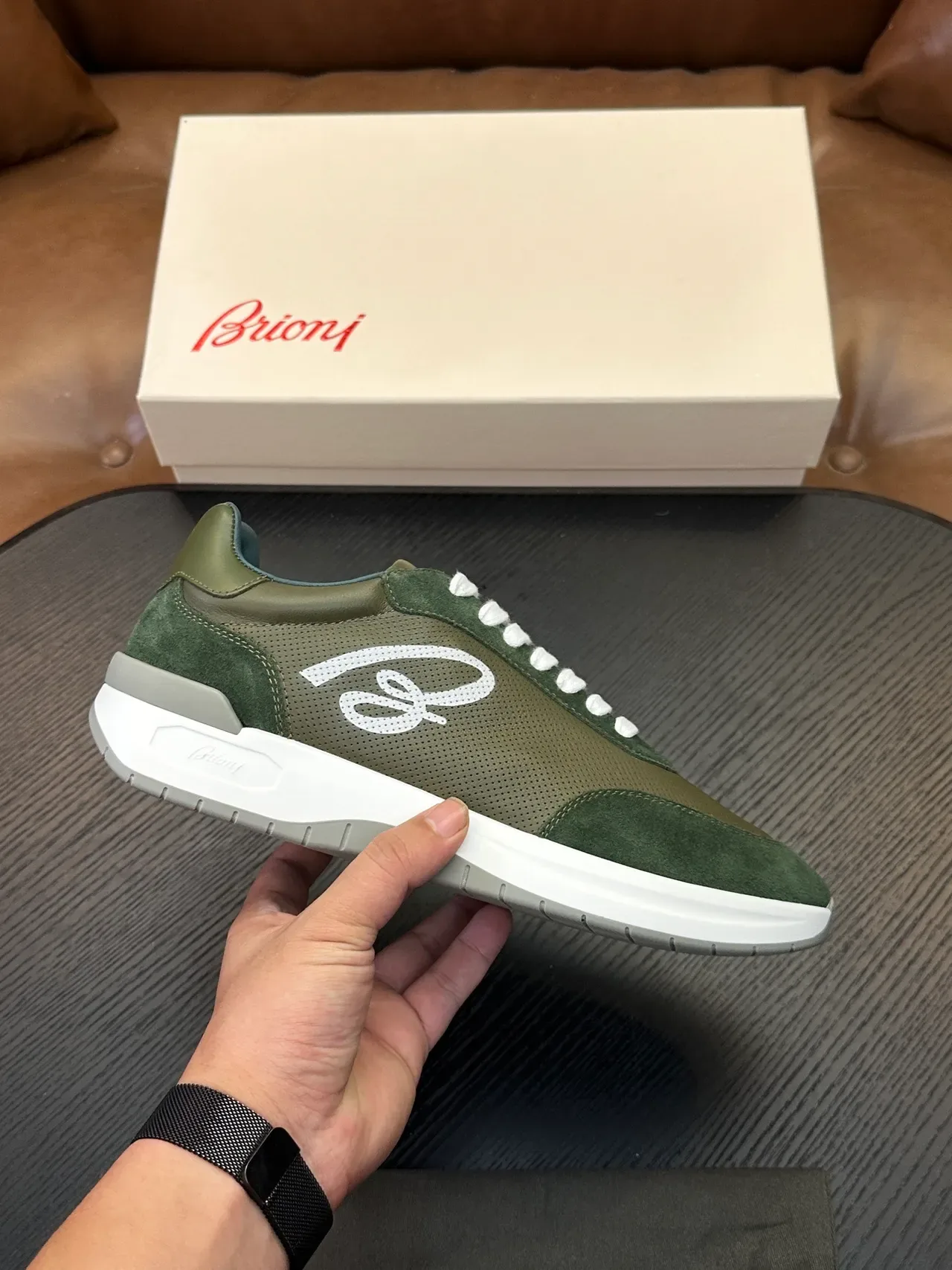 Brioni Olive Green Suede and Leather Lifestyle Sneakers 2