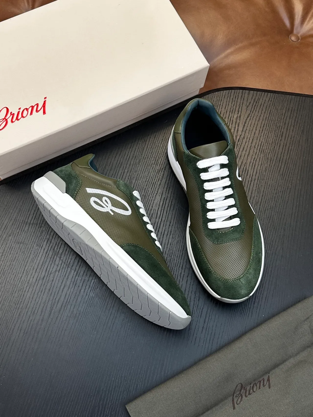 Brioni Olive Green Suede and Leather Lifestyle Sneakers 4