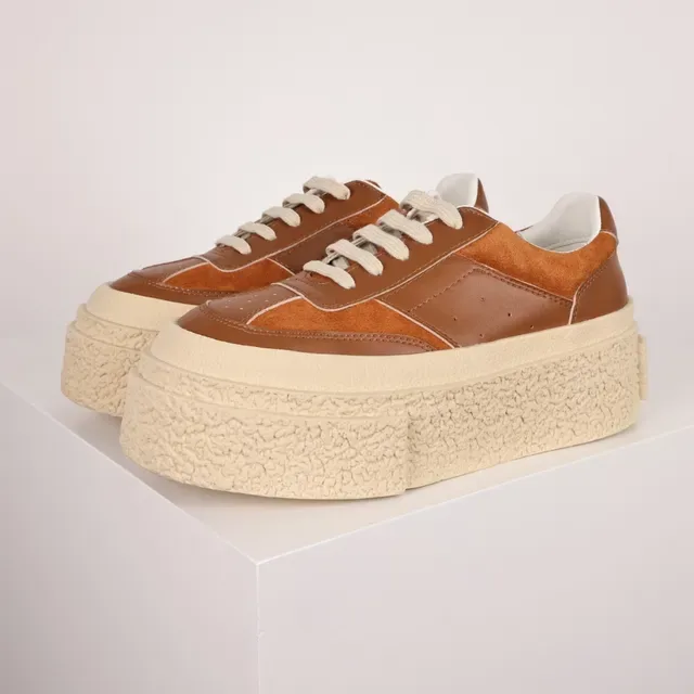 Brown and Cream Platform Suede Leather Sneakers 2