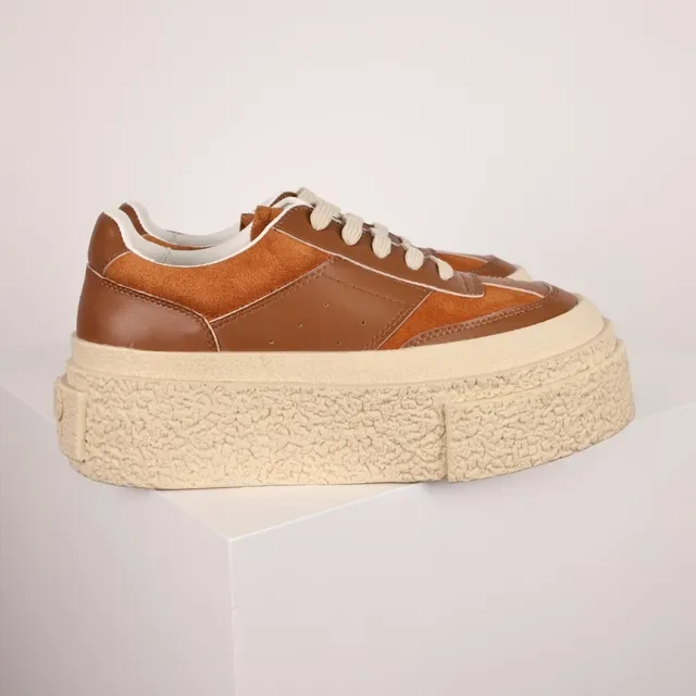 Brown and Cream Platform Suede Leather Sneakers 3