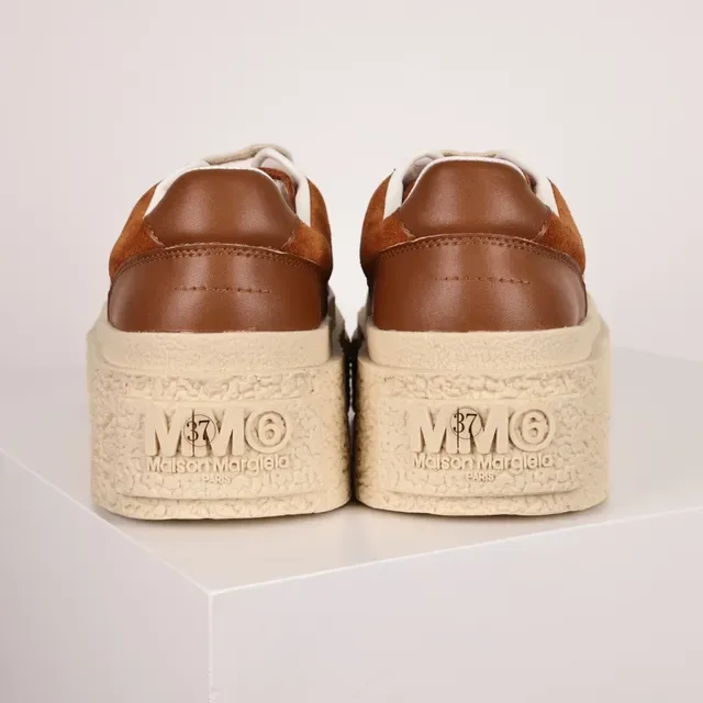 Brown and Cream Platform Suede Leather Sneakers 8