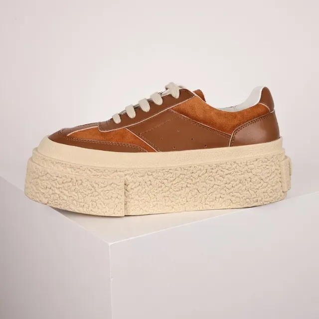 Brown and Cream Platform Suede Leather Sneakers 9
