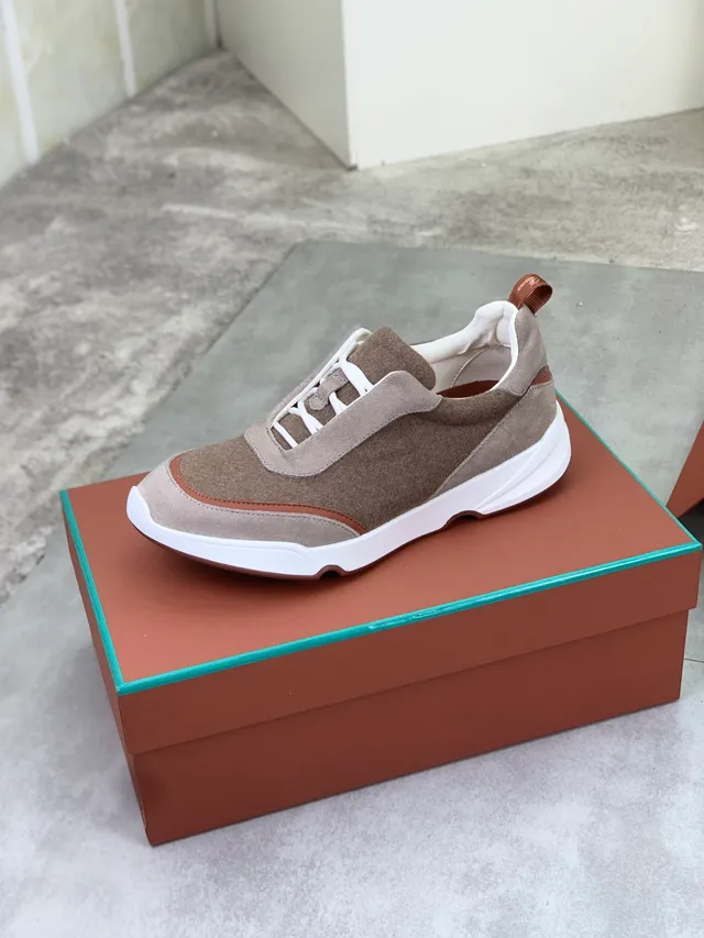 Brown Beige Suede Upper Contrast Piping Sneakers 4