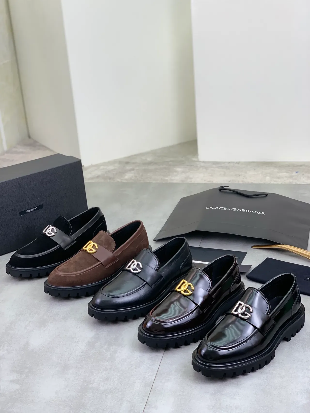 Brown Gold Suede And Leather Two-Tone Logo Buckle Loafer 2