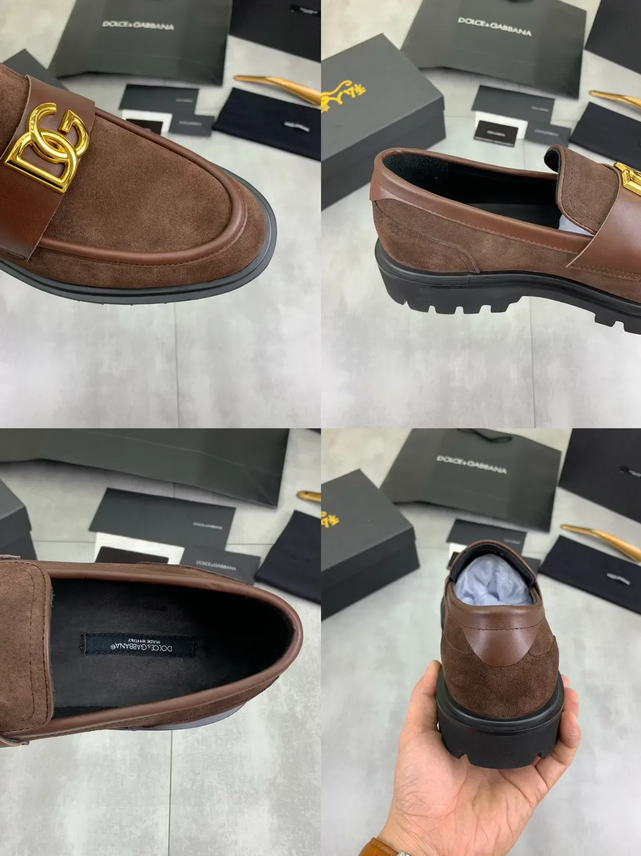 Brown Gold Suede And Leather Two-Tone Logo Buckle Loafer 3