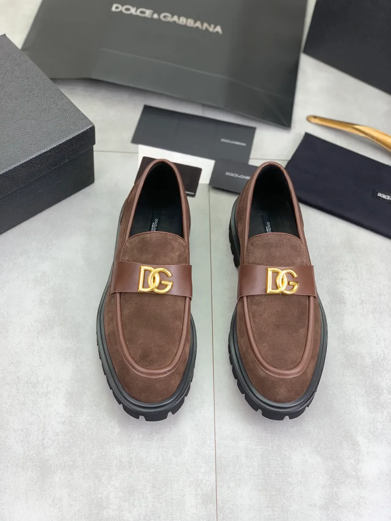 Brown Gold Suede And Leather Two-Tone Logo Buckle Loafer 5