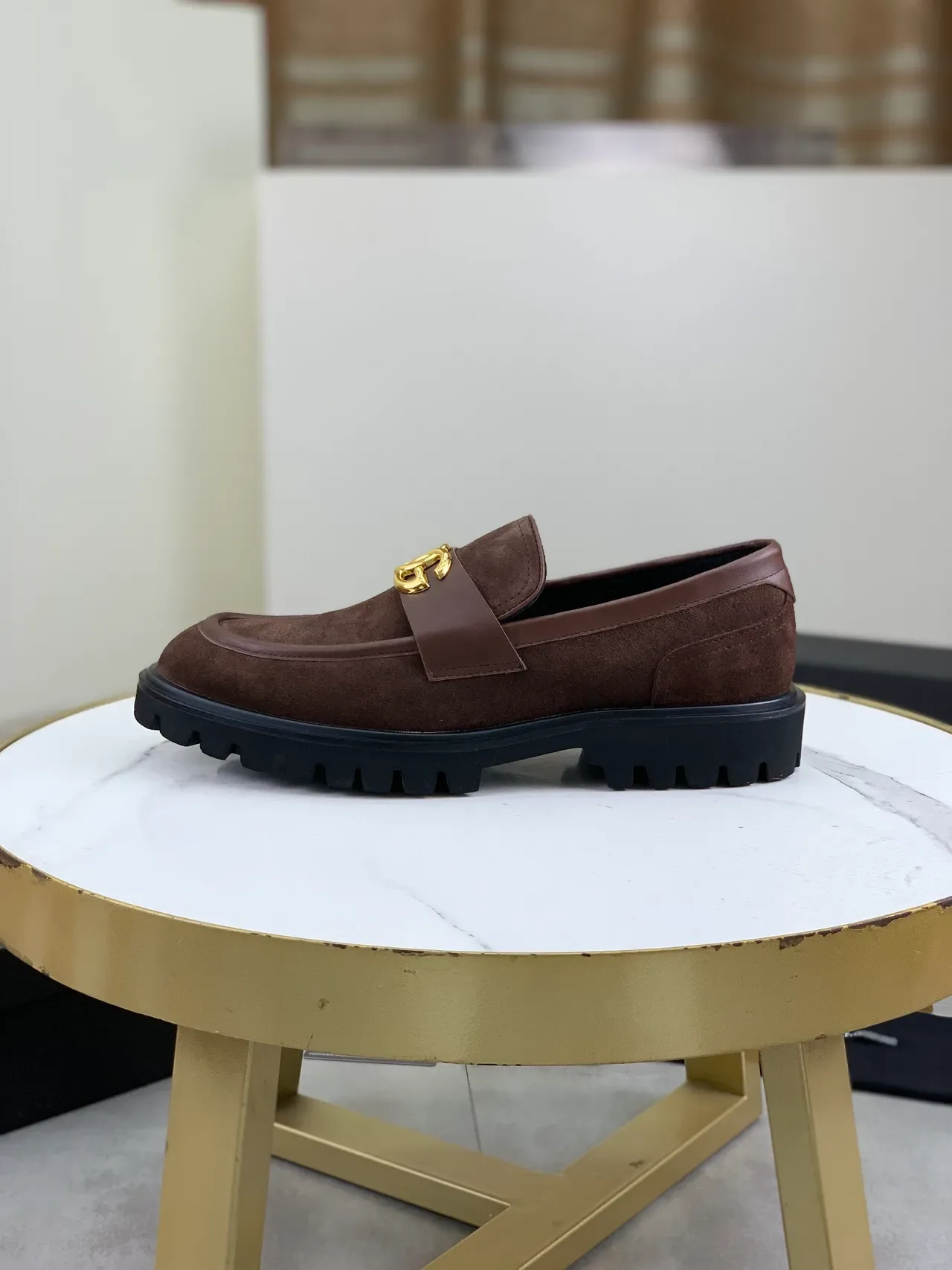 Brown Gold Suede And Leather Two-Tone Logo Buckle Loafer 6