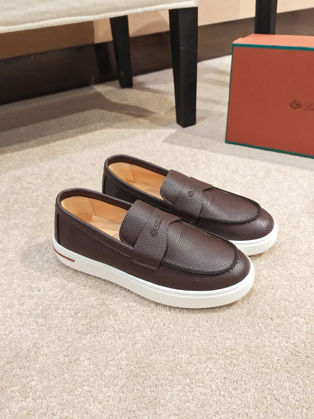 Brown White Pebbled Leather Penny Strap Loafer 3