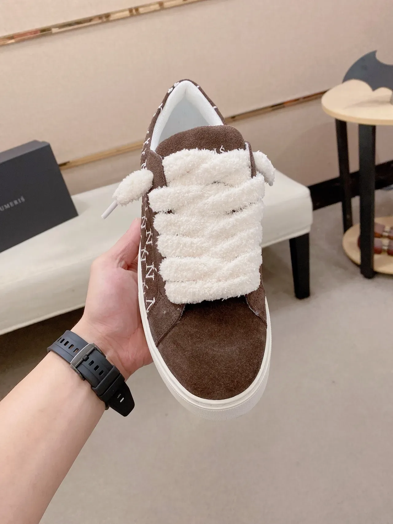 Brown White Suede Upper Monogram Embroidery Sneakers 5