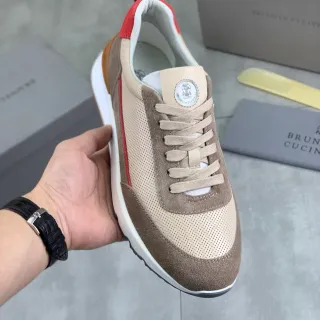 Brunello Cucinelli Bege e Marrom Malha Perfurada Camurça Lifestyle Sneaker