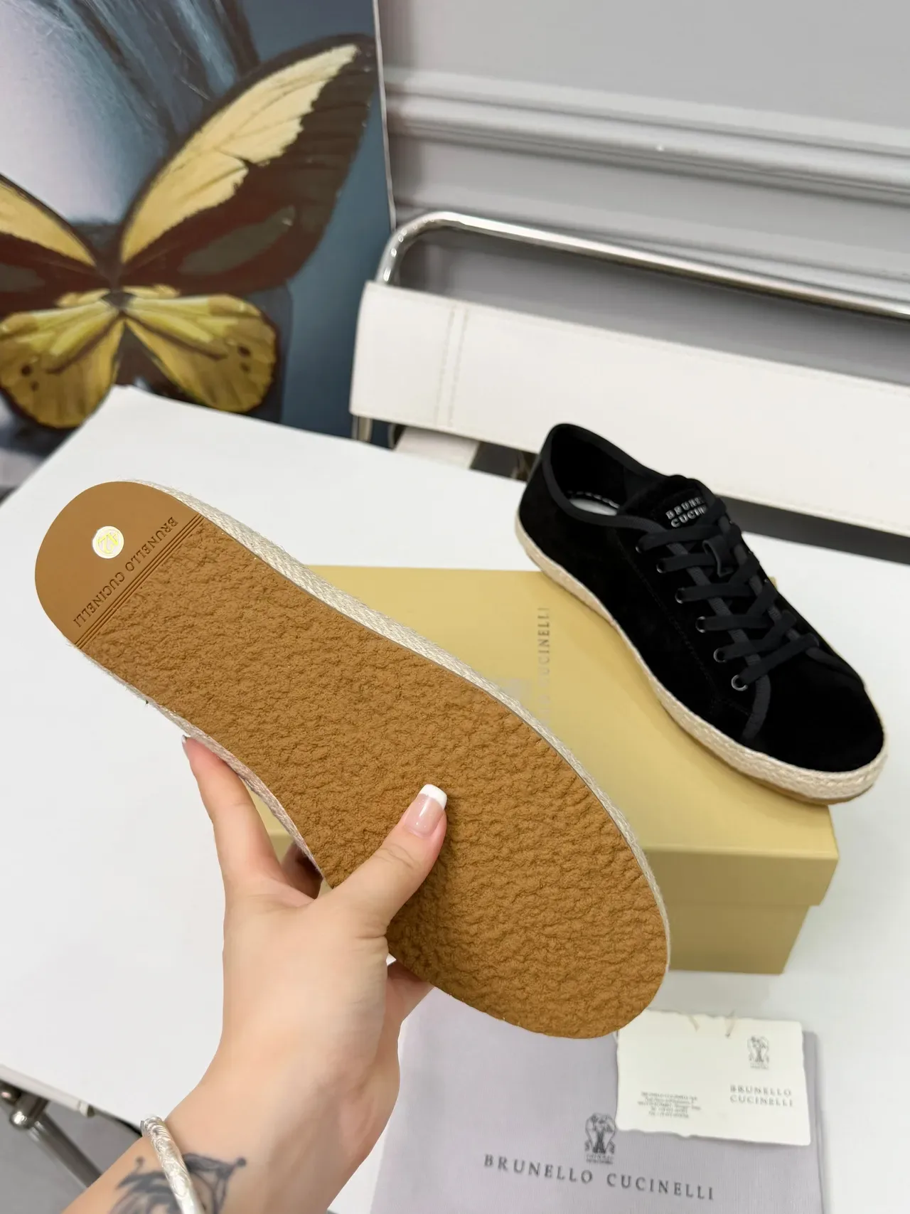 Brunello Cucinelli Noir Beige Daim Supérieur Semelle Espadrille Enveloppée de Jute Chaussures de Bateau 4
