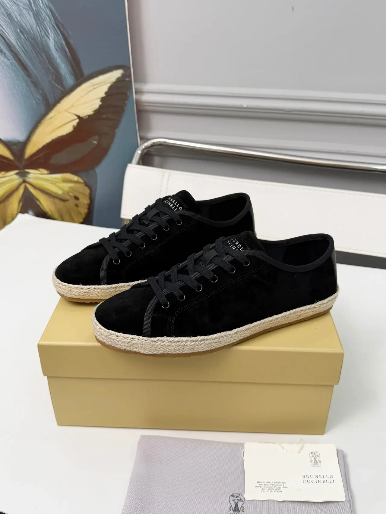Brunello Cucinelli Noir Beige Daim Supérieur Semelle Espadrille Enveloppée de Jute Chaussures de Bateau 5
