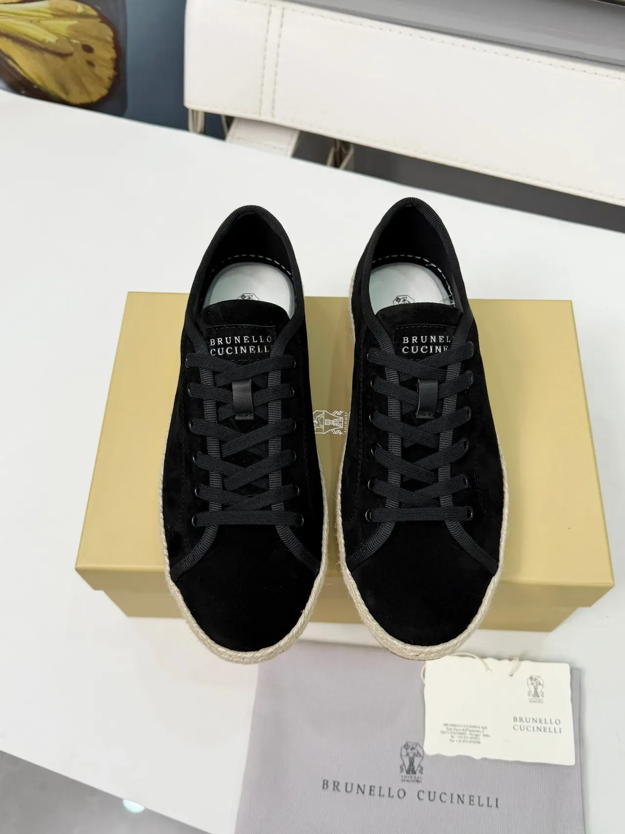 Brunello Cucinelli Noir Beige Daim Supérieur Semelle Espadrille Enveloppée de Jute Chaussures de Bateau 6