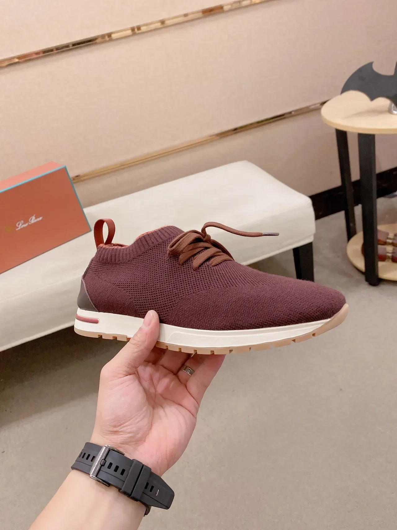 Burgundy Brown Knit Sock-Like Upper Flat Laces Sneakers 5