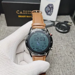 CAISII Brown Silver Round Case Tan Leather Strap Sports Watch