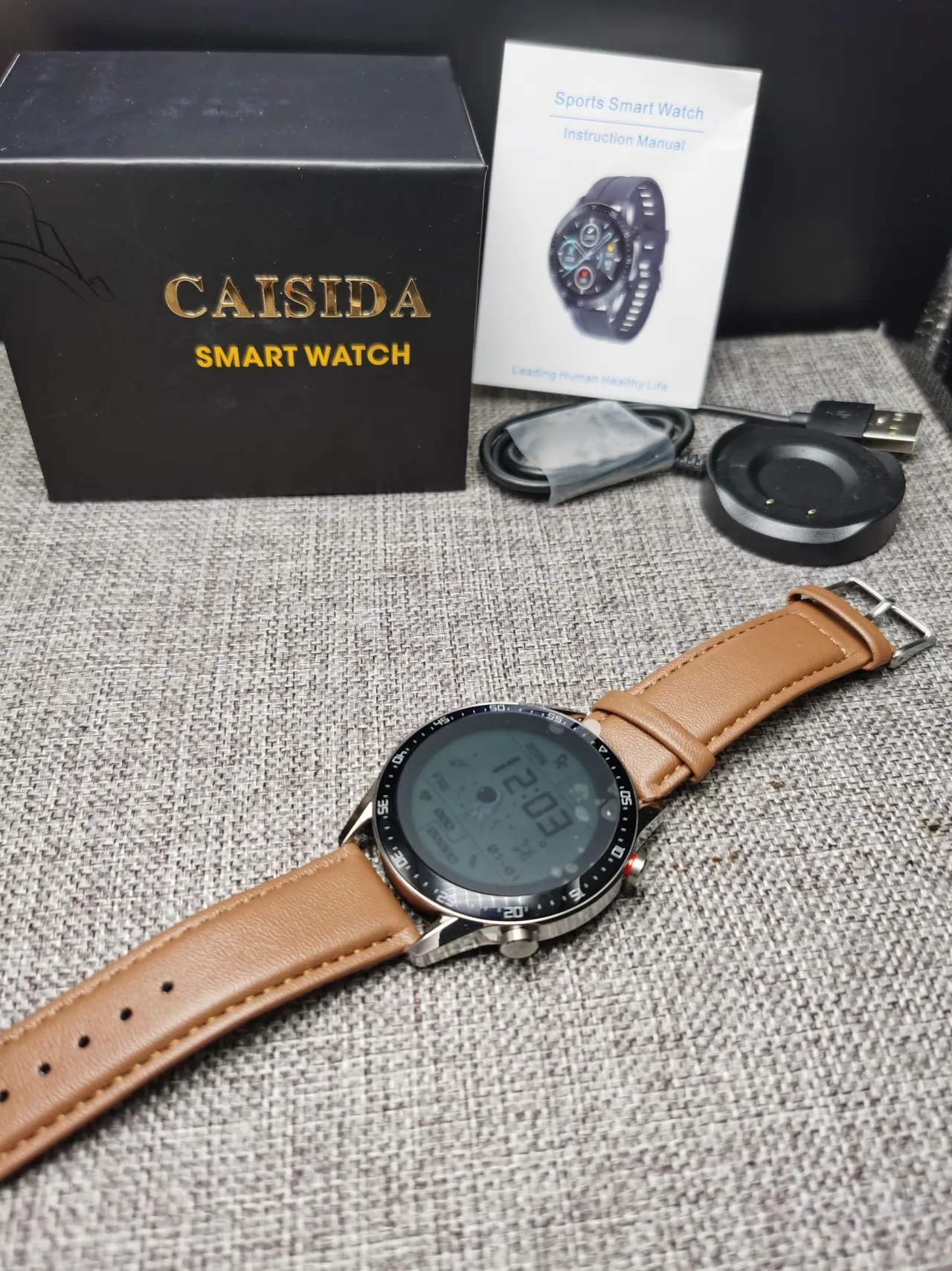 CAISII Boîtier Rond Marron Argent Bracelet Cuir Tan Montre Sport 2