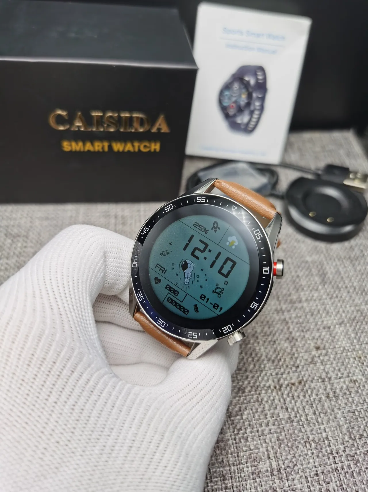 CAISII Boîtier Rond Marron Argent Bracelet Cuir Tan Montre Sport 3