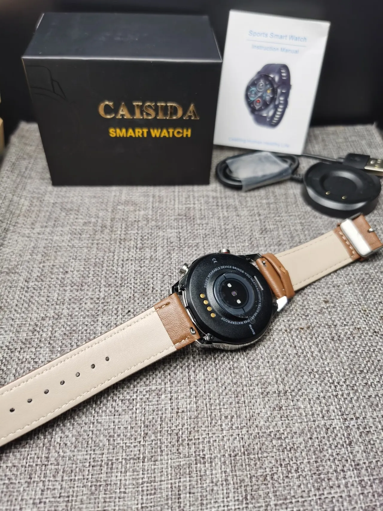 CAISII Boîtier Rond Marron Argent Bracelet Cuir Tan Montre Sport 5