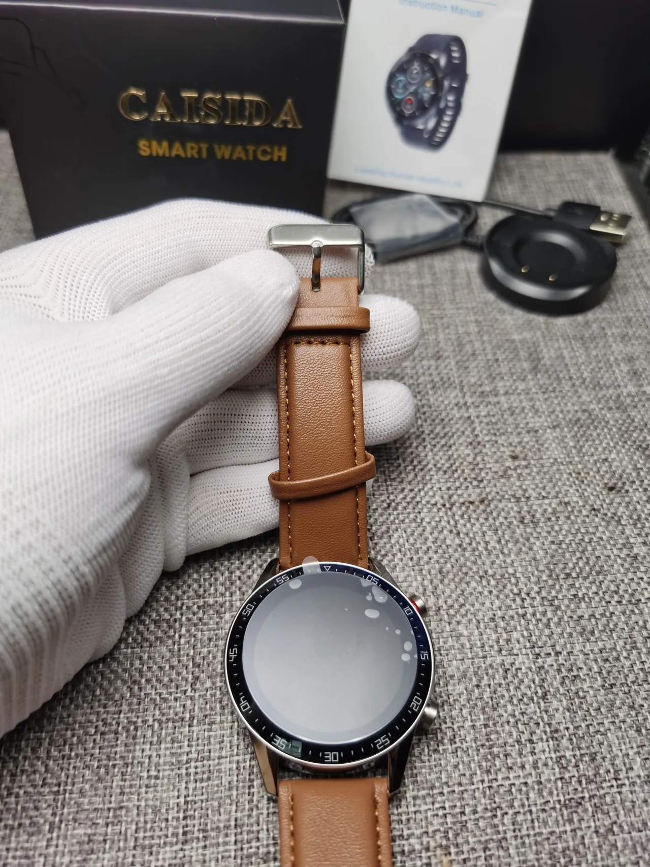 CAISII Boîtier Rond Marron Argent Bracelet Cuir Tan Montre Sport 6