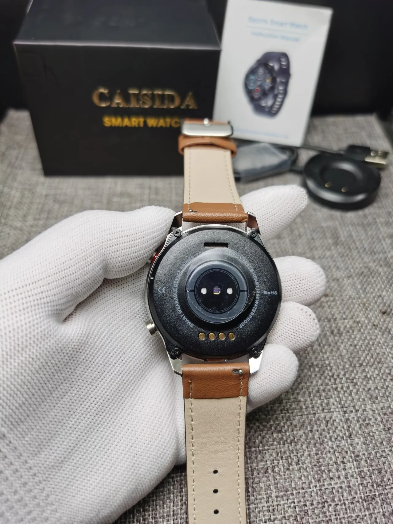 CAISII Boîtier Rond Marron Argent Bracelet Cuir Tan Montre Sport 7