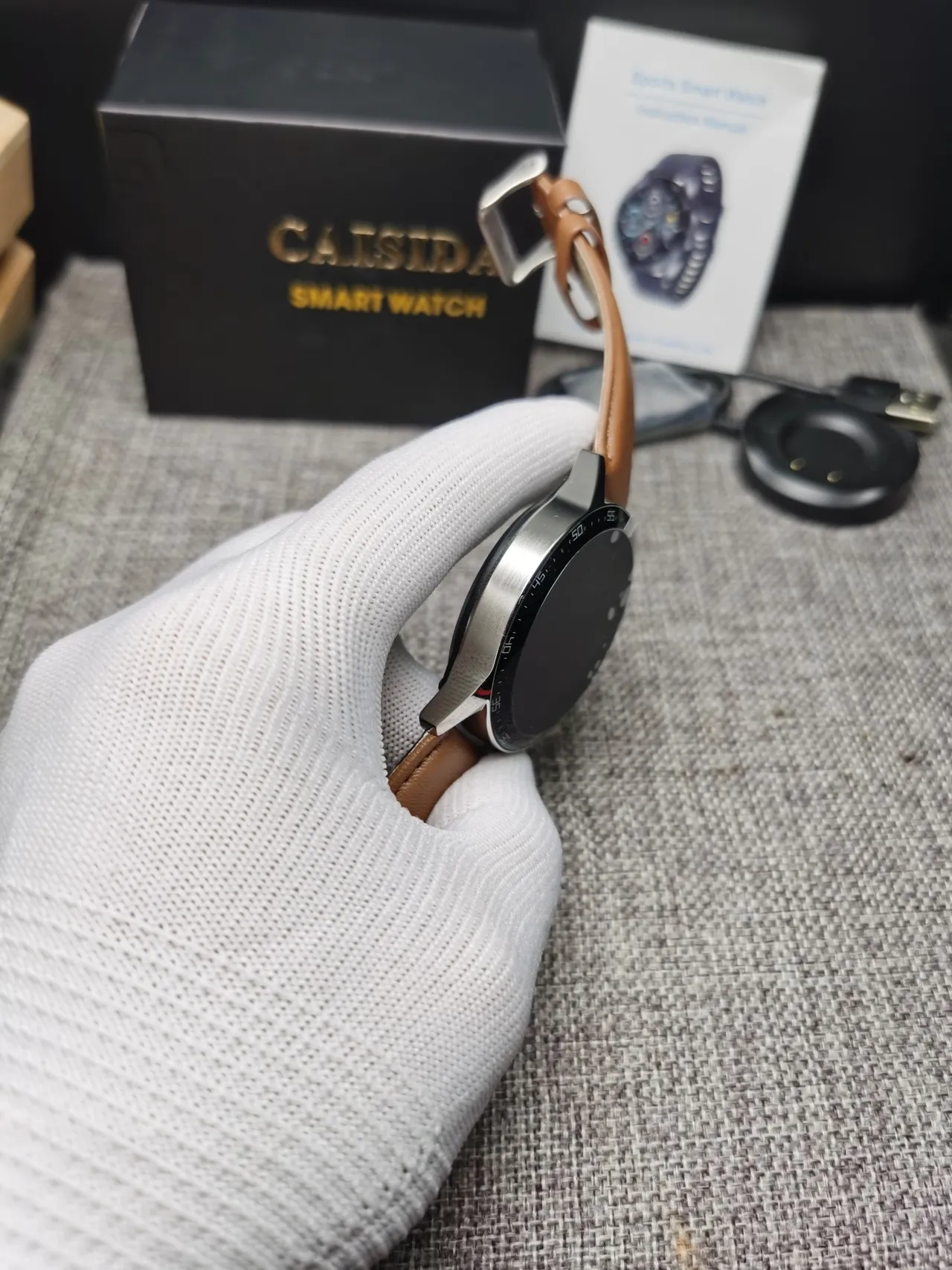 CAISII Boîtier Rond Marron Argent Bracelet Cuir Tan Montre Sport 8