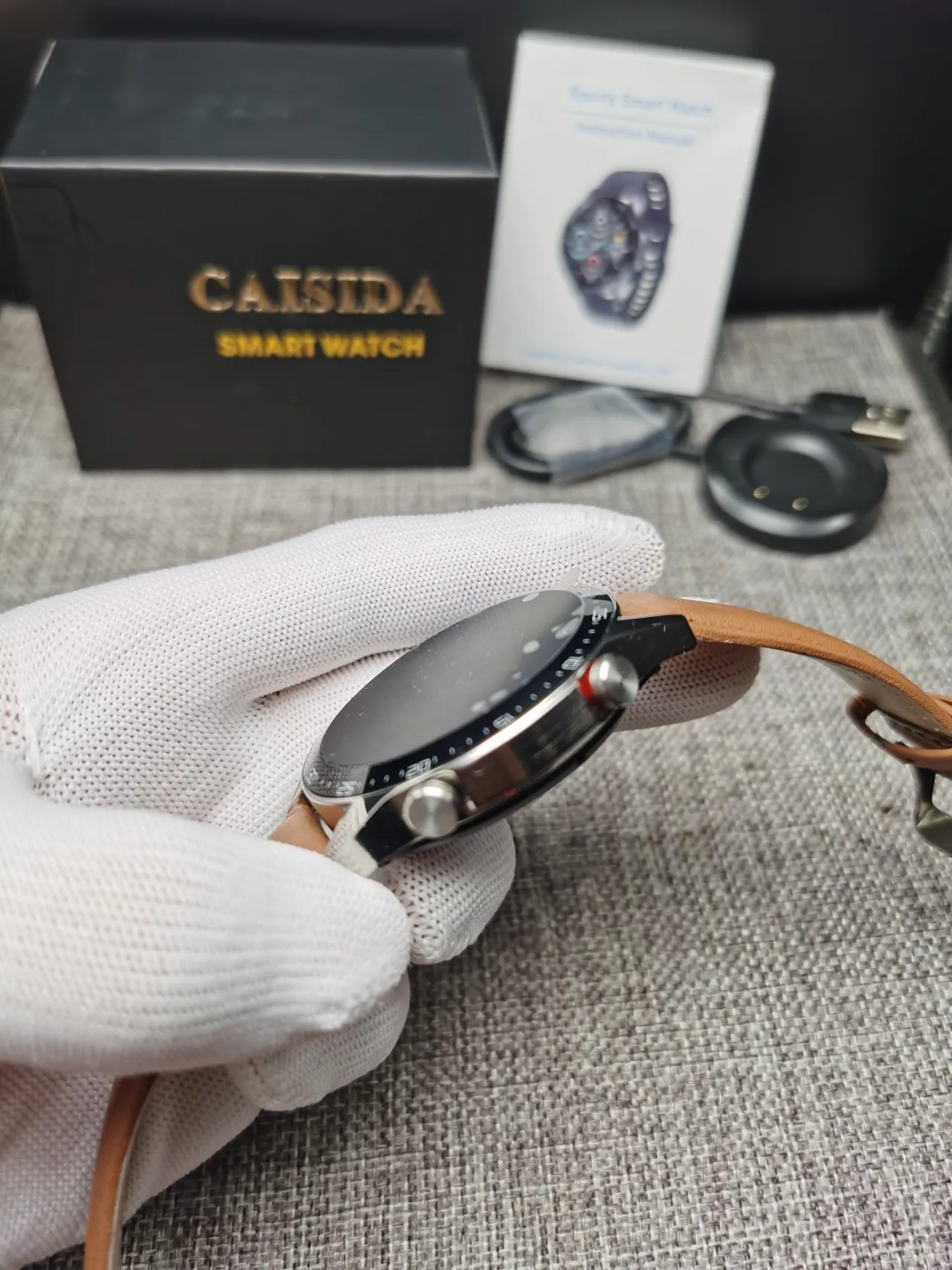 CAISII Boîtier Rond Marron Argent Bracelet Cuir Tan Montre Sport 9
