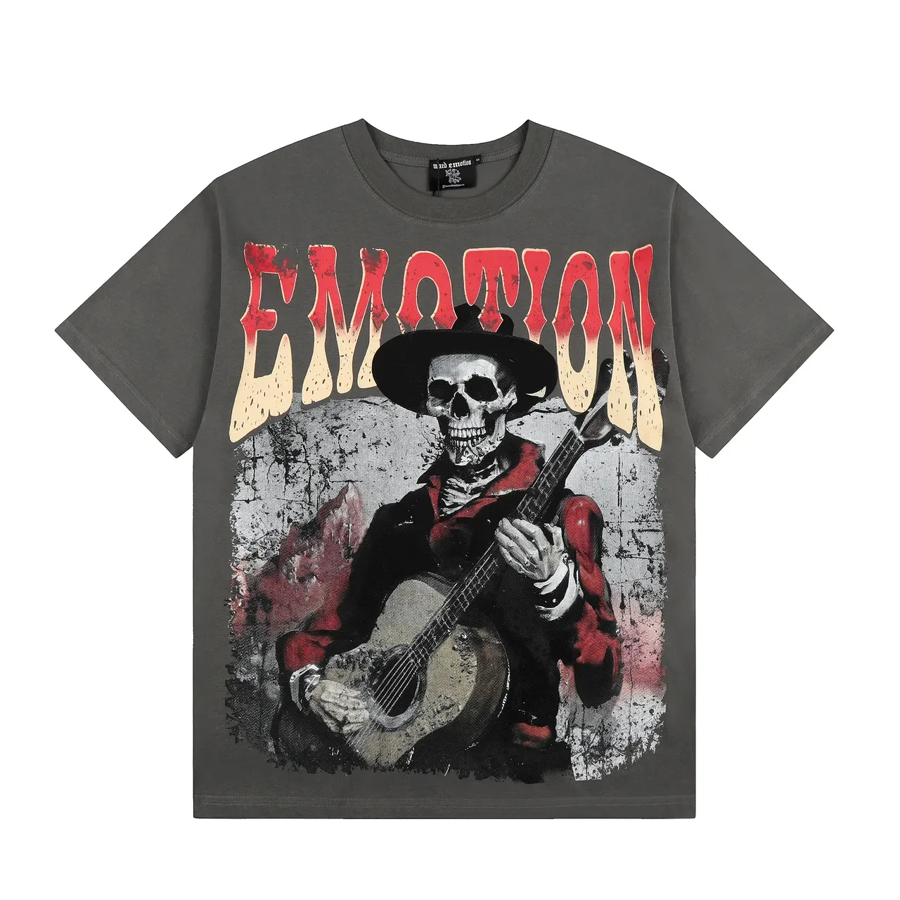 Charcoal Gray Distressed Graphic Skeleton Musician T-Shirt 2