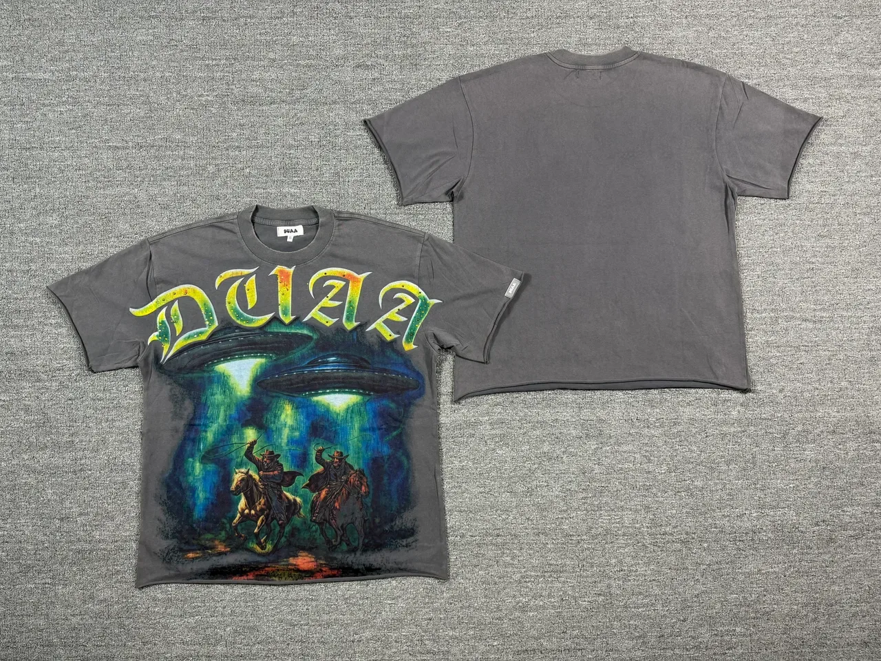 Charcoal Gray Graphic-Print UFO Cowboy T-Shirt 2